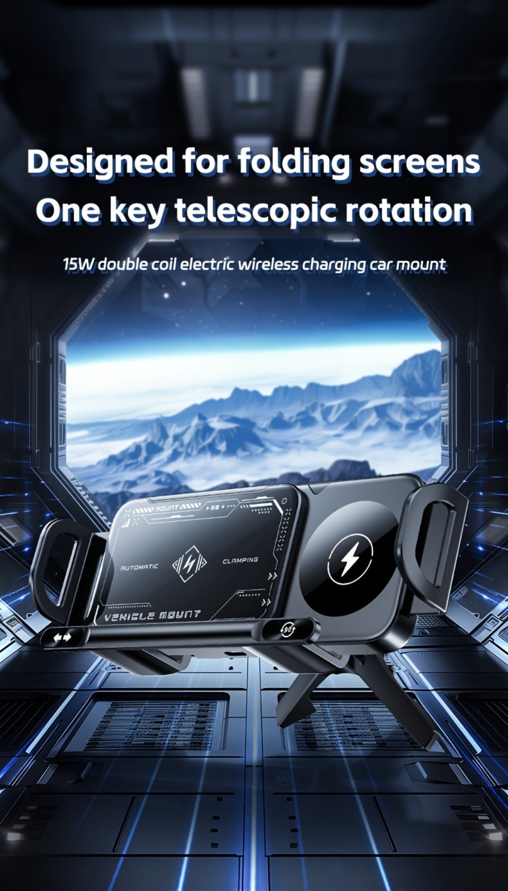 Car Wireless Charger Mount for Samsung Galaxy Z Fold 15W Auto-Clamping Fast Charging Holder – 360° Rotating Ball Joint, Air Vent & Center Console Mount, Super Capacitor Power-Off Delay | All Qi Phones