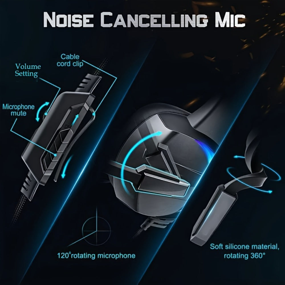 LED RGB Gaming Headset Surround Sound 50mm Driver Noise Canceling Mic Ergonomic Over-Ear Headphones for PS5 PS4 PC Laptop Gamers ESports USB 3.5mm Gaming Accessories