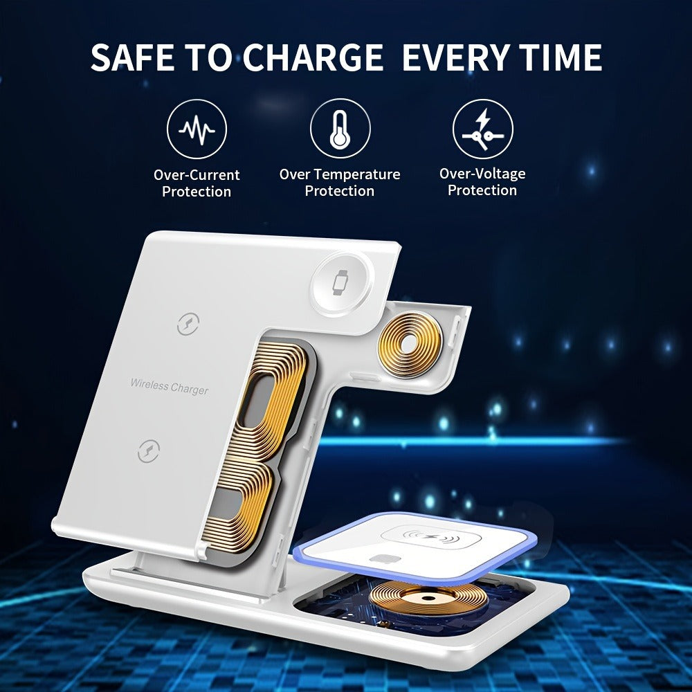 3-in-1 MagSafe Charging Station 15W – Fast Wireless Charger Stand for iPhone, Apple Watch & AirPods | Simultaneous Charging, White Black Pink
