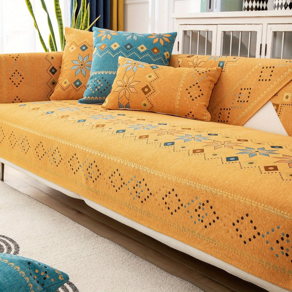 Bohemian Chenille Sofa Cover | Geometric Print Non-Slip Couch Slipcover, Thick Plush Boho Style, 1 to 4 Seat, Armrest & Backrest, Machine Washable, Sectional Sofa Protector