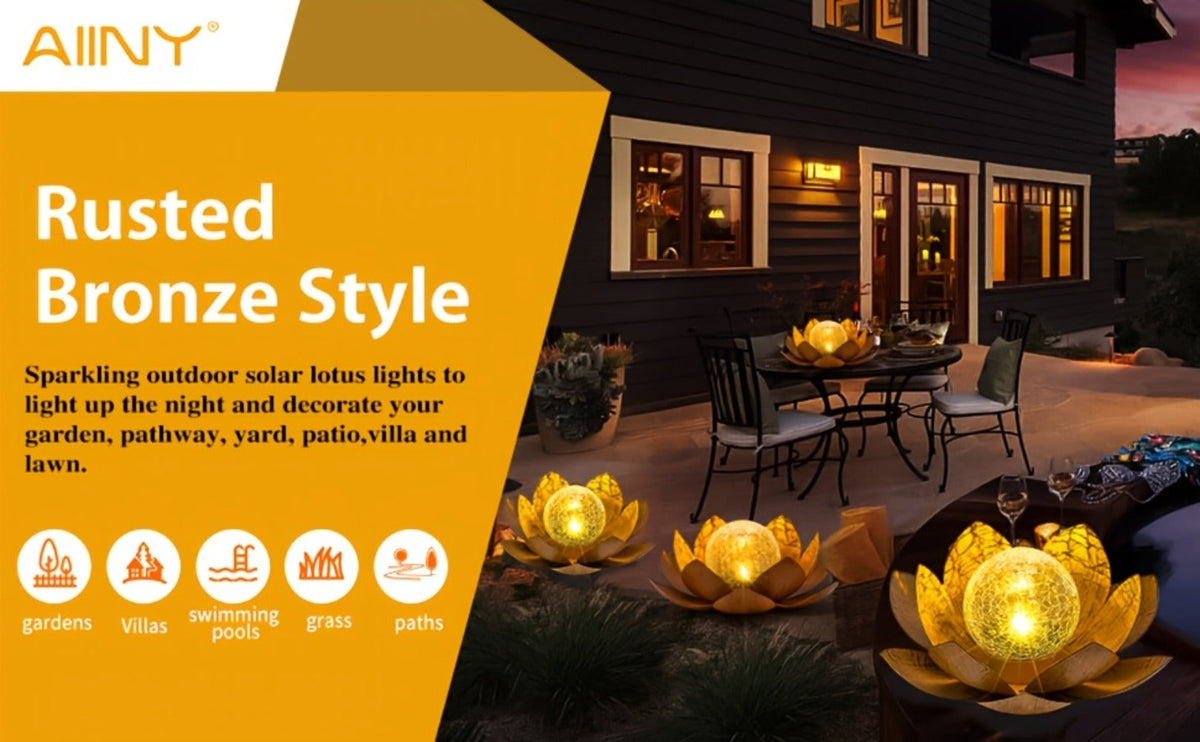 Solar Lotus Cracked Glass Ball Garden Lamp 2pcs – Waterproof Metal Cracked Ball Solar Light for Outdoor & Indoor Decoration | Garden, Balcony, Dining Table & Living Room Decor | Father’s Day Gift