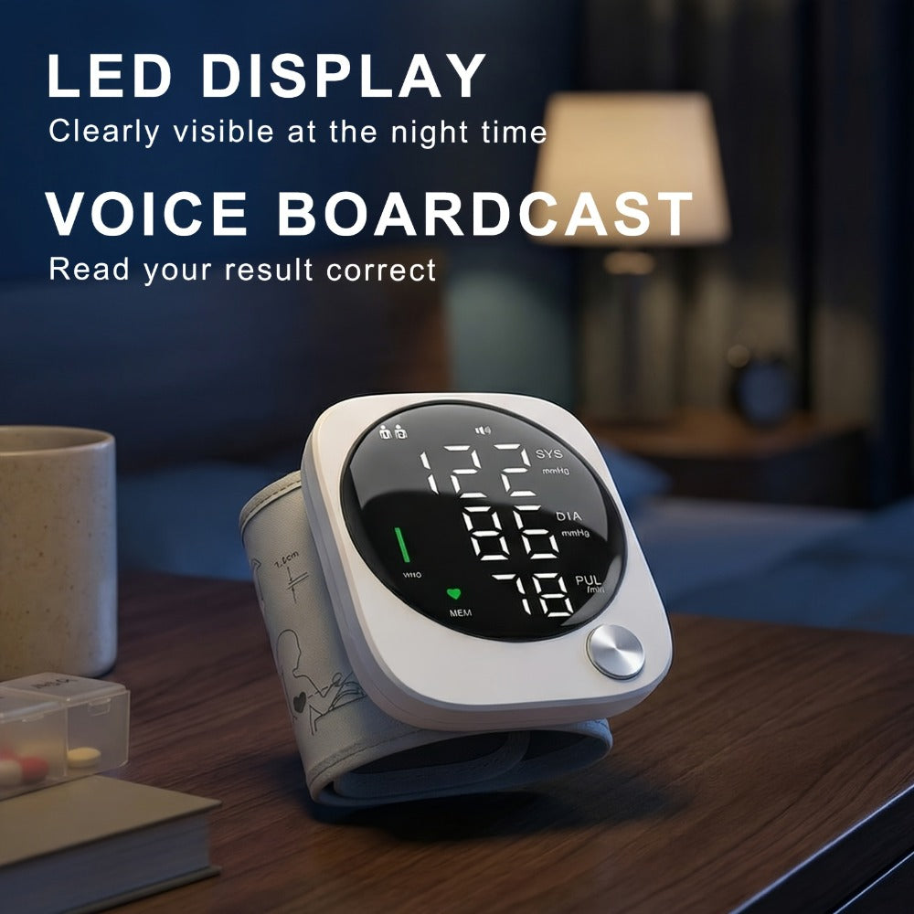 Wrist Blood Pressure Monitor with LCD Screen, Arrhythmia Alarm & Voice Playback – Adjustable Cuff, USB Charging, Gift for Family