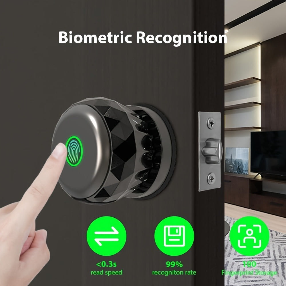 Fingerprint Handle Door Lock with IC Card & Key - 3-in-1 Biometric Keyless Entry, 100 Fingerprint Capacity, Integrated Handle Design for Bedroom, Home, Hotel & Office, Easy Install, Black