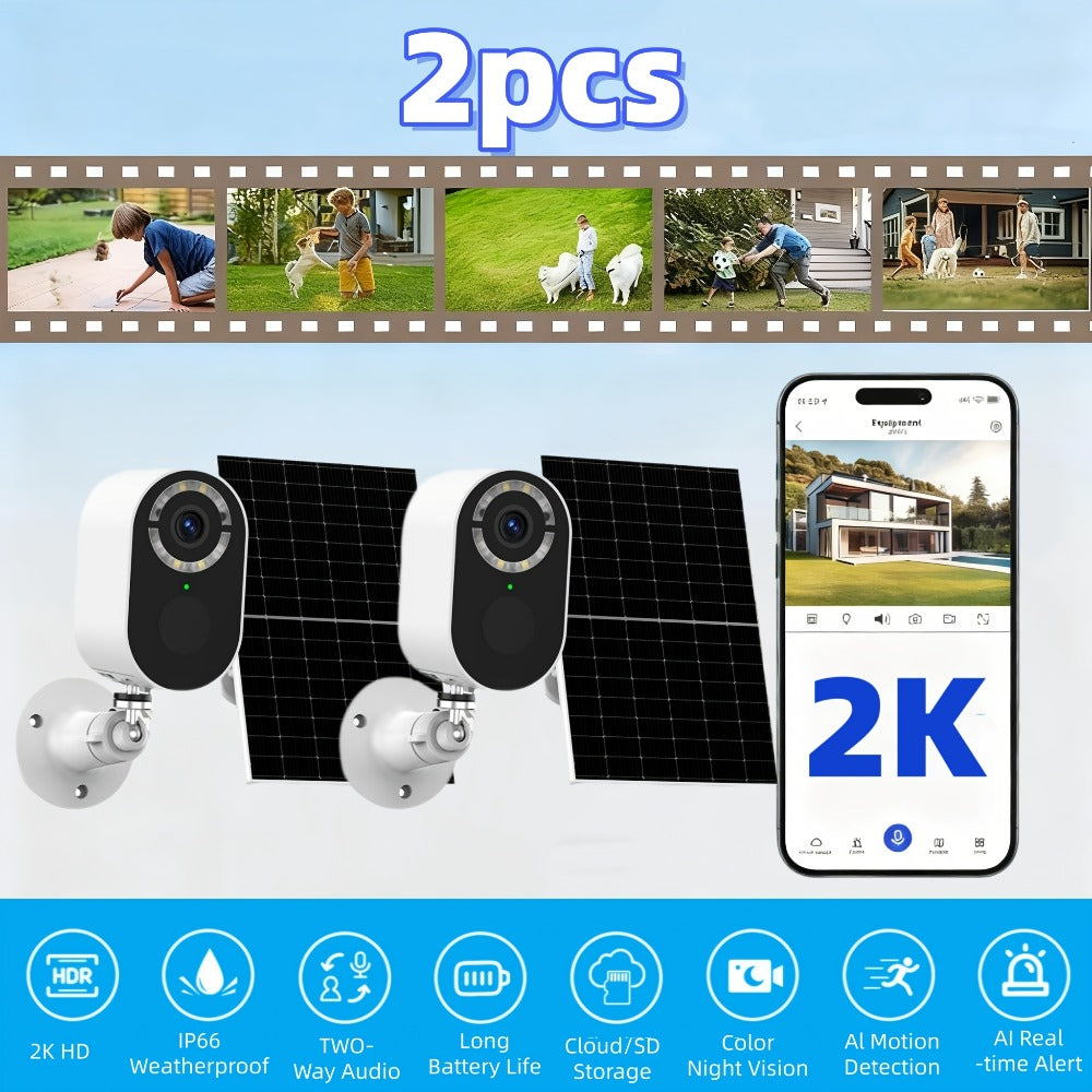 2K Solar Security Camera Outdoor Waterproof with Human Figure Alarm, Color Night Vision, 2-Way Audio, Low-Power WiFi Monitoring – Indoor Outdoor Pet Baby Surveillance Camera, 2.4G Wi-Fi