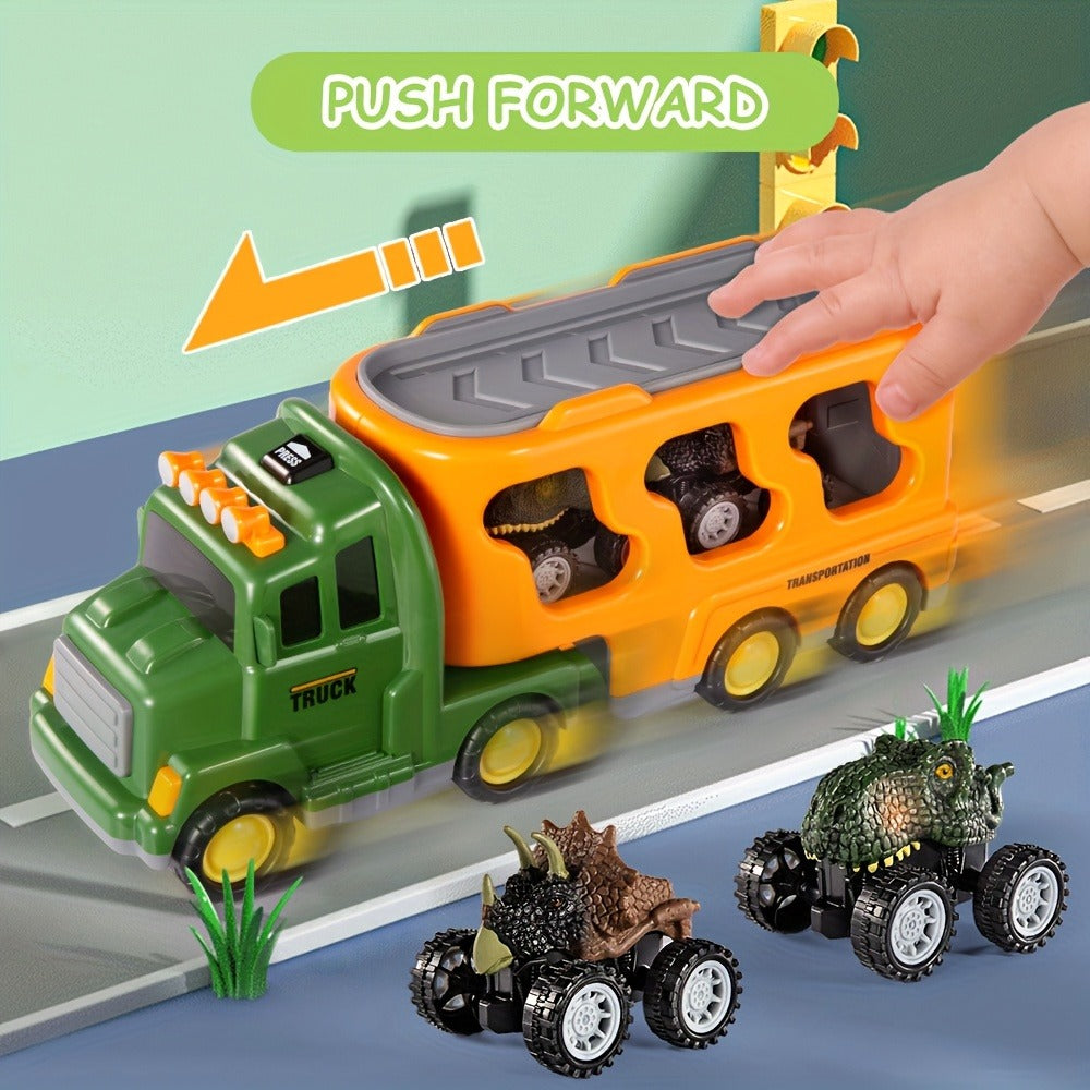 Push-Action Dinosaur Truck Toy 7-in-1 – Dino Monster Truck with 3 Figures, 3 Mini Cars, Lights & Sound