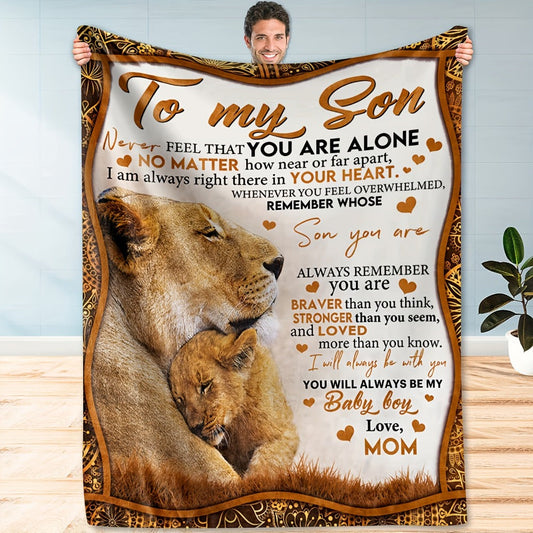 Lion Print Flannel Throw Blanket with Inspirational Quote, Gift for Son from Mom
