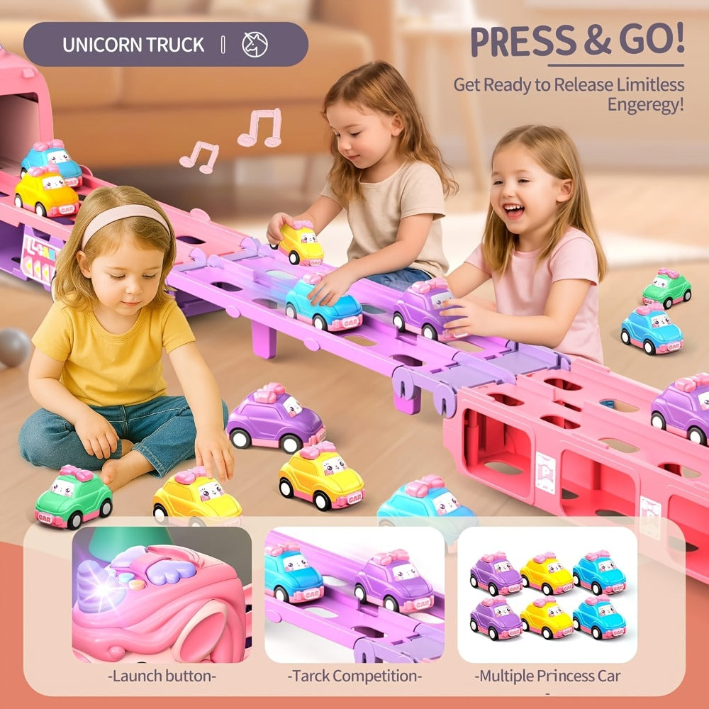Unicorn Monster Truck Track Set with 8 Mini Cars and Fold-Out Race Track