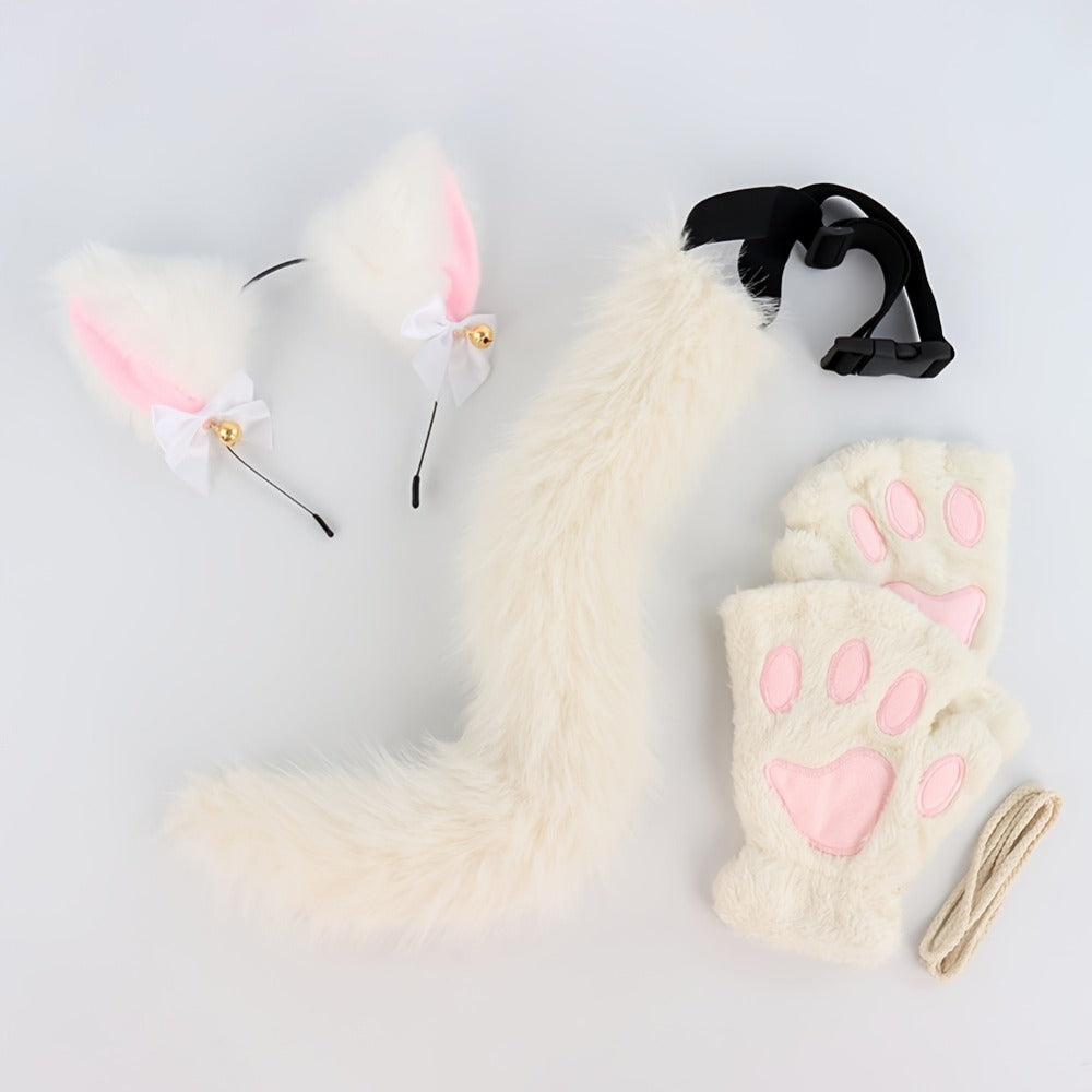 Cat Costume Set 3 Piece – Bell Ear Headband, Plush Paw Gloves & Adjustable Tail for Halloween, Cosplay, Role Play & Stage Performances, Cute Gift for Women Girls, Grey White Brown Pink