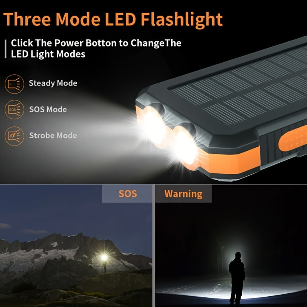 29800mAh Solar Power Bank with Compass & Dual LED Flashlight – Outdoor Camping Portable Charger, Dual USB 5V Output, SOS Emergency Battery Pack for Cell Phones & Mobile Devices, Black/Orange