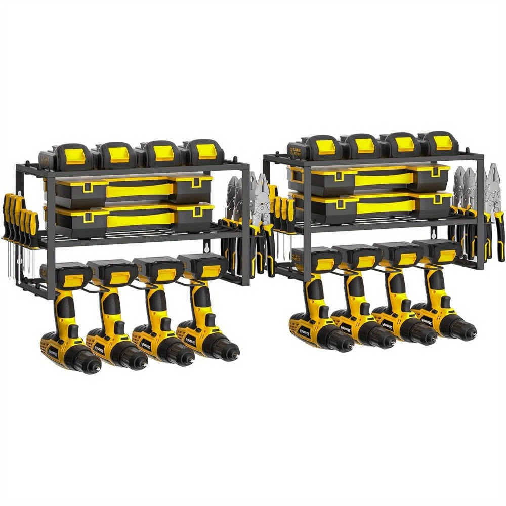 Power Drill Holder Wall Mount – Heavy Duty Tool Storage Rack with 3/4 Layer Floating Shelf | Cordless Drill Organizer | 4/6/8 Drill Holders Workshop Tool Rack for Garage & Workshop Organization