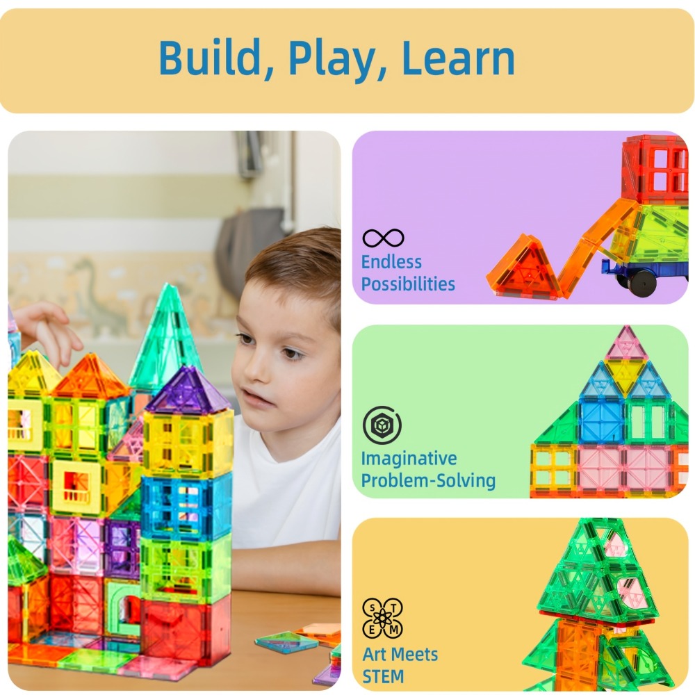 Clear Magnetic Tiles Building Set for Kids, 3D Magnet Blocks in 80, 106, 136 or 205 Pieces, Ages 3+