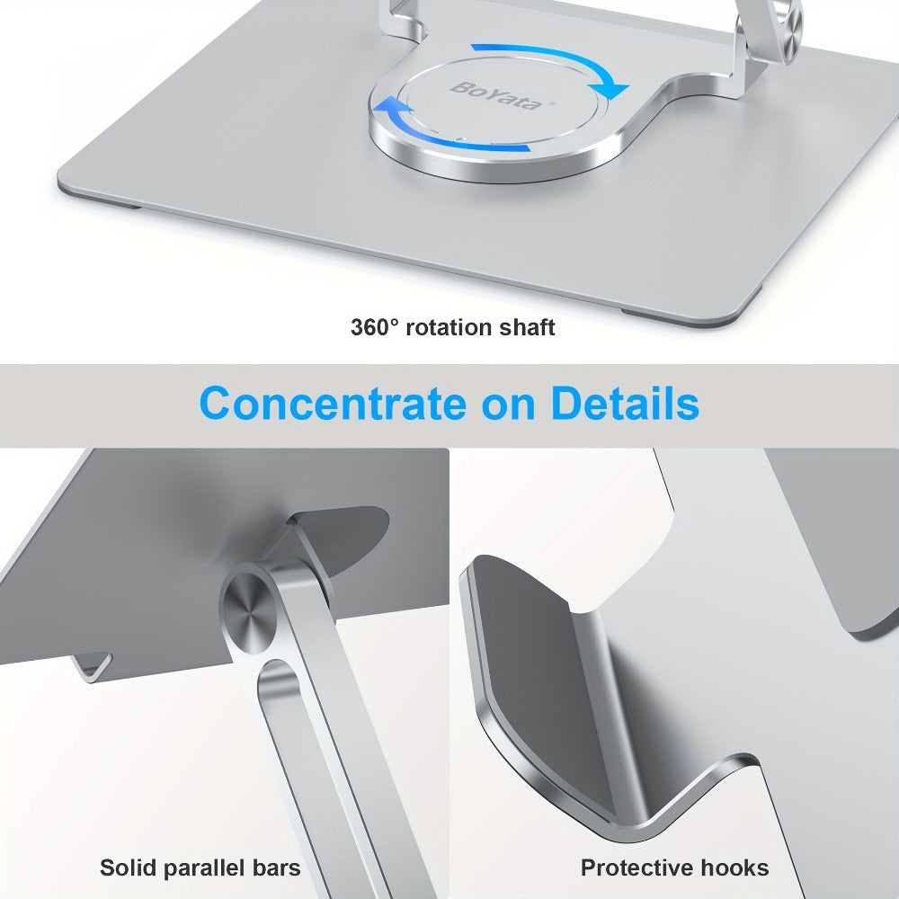 Adjustable Ergonomic Laptop Stand, 360° Rotating Base, Foldable Iron Desk Stand for MacBook Pro/Air & Notebooks up to 17 Inch, Portable Workspace Enhancer – Silver/Black