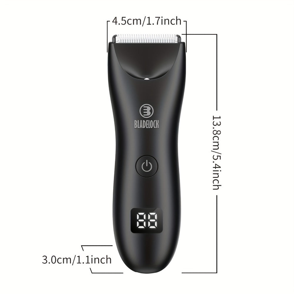 Manscaping Trimmer for Men IPX7 Waterproof Electric Groin & Ball Trimmer Ceramic Blades LCD Battery Display Replaceable Head - Body Hair Shaver Groomer Black Grey