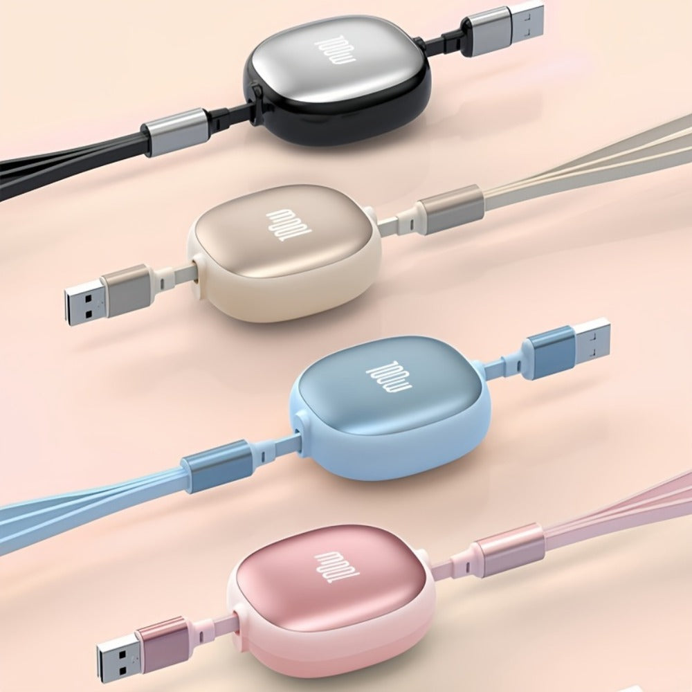 Retractable 3-in-1 Charging Cable 100W Fast Charge – USB-C Micro USB Lightning Multi Connector 1.2m 480Mbps Data Sync for iPhone 15 14 13 12 11 Samsung Galaxy Android – Tangle-Free Travel Cable 6 Colors
