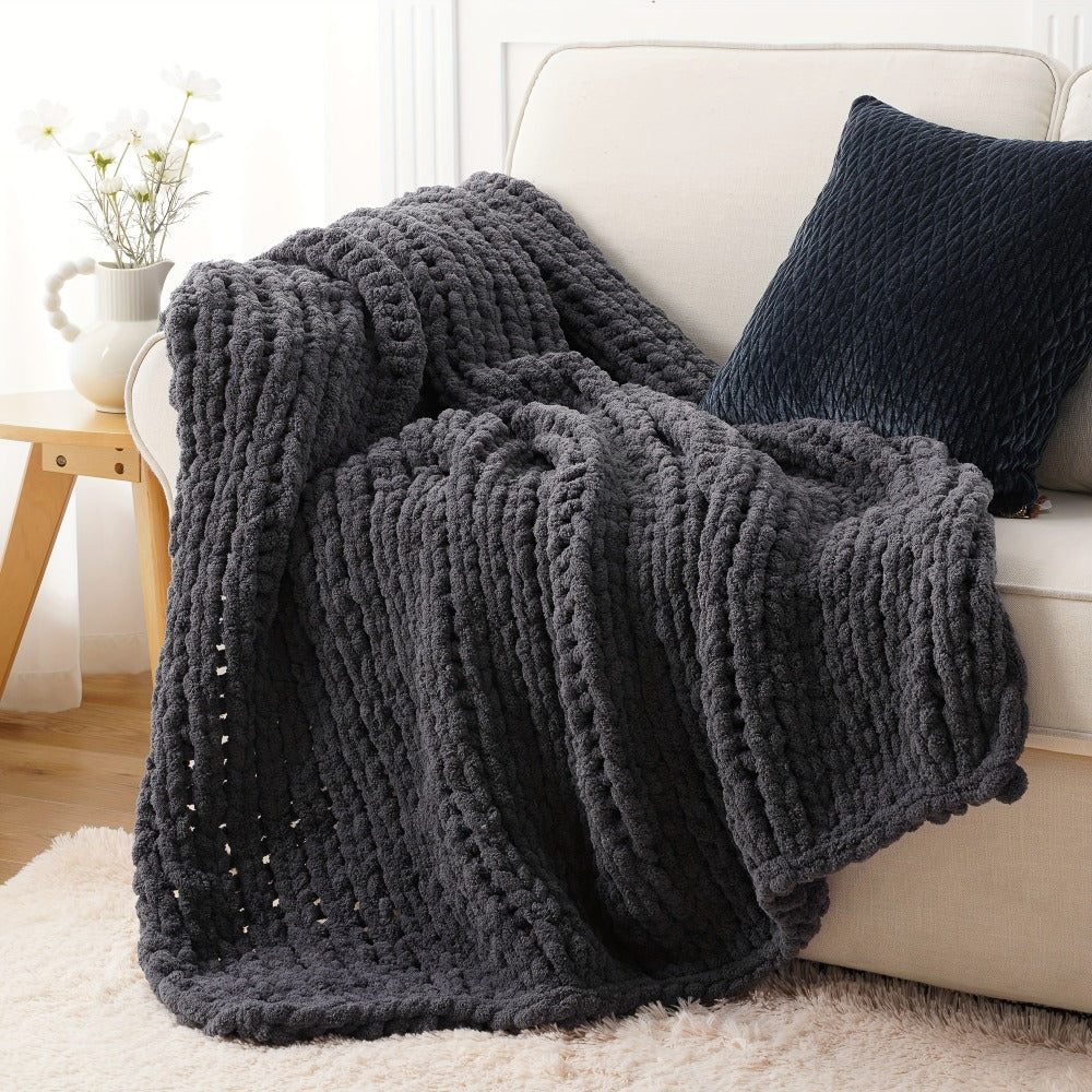 Chunky Chenille Cable Knit Throw Blanket – 350-400gsm Soft Warm Crochet Throw for Sofa, Bed & Couch, Vintage Patchwork, 14 Colors