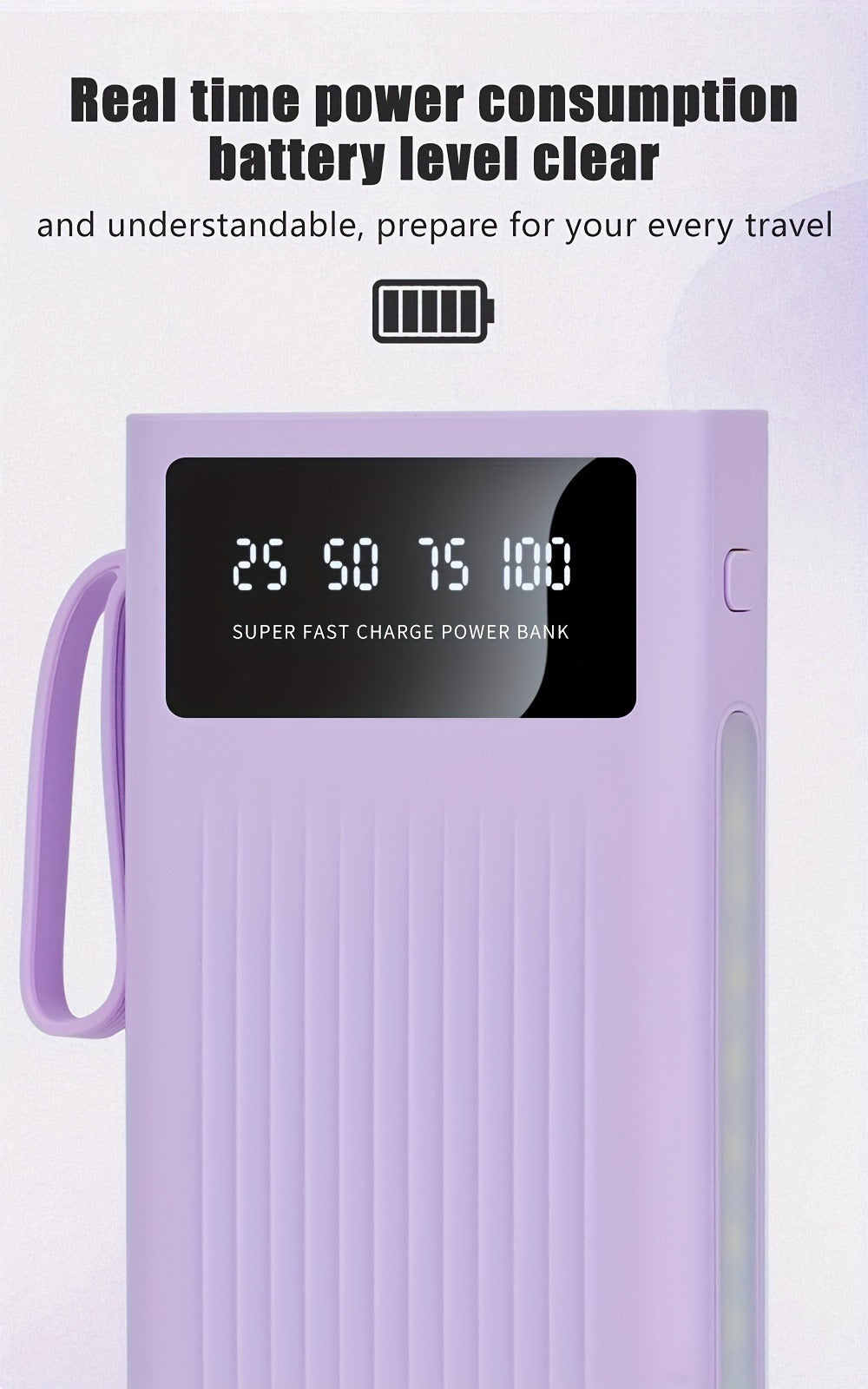 30000mAh Large Capacity Power Bank 15W Fast Charging with 4 Built-In Cables & 4-Mode Camping Light, Business Minimalist Portable Charger 10000mAh 20000mAh Compatible with iPhone Android – Black Purple White