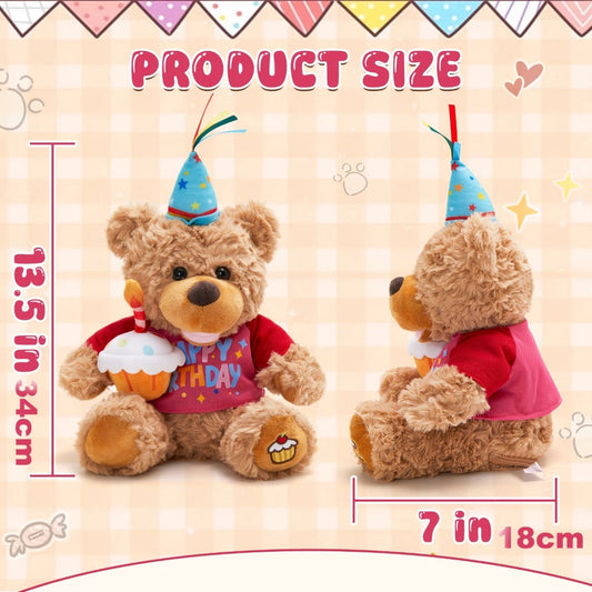 Singing Birthday Teddy Bear, 13.5-Inch Plush with Glowing Cupcake
