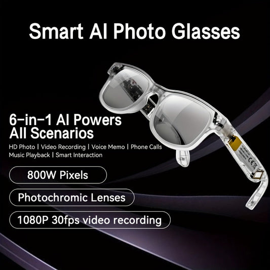 Smart Glasses with Camera 8MP Dual Lens 1080P HD – AI Auto Color Change, Air Conduction 360° Sound, Dual Mic, 290mAh Battery, 3 Lenses, Black & Transparent Frame