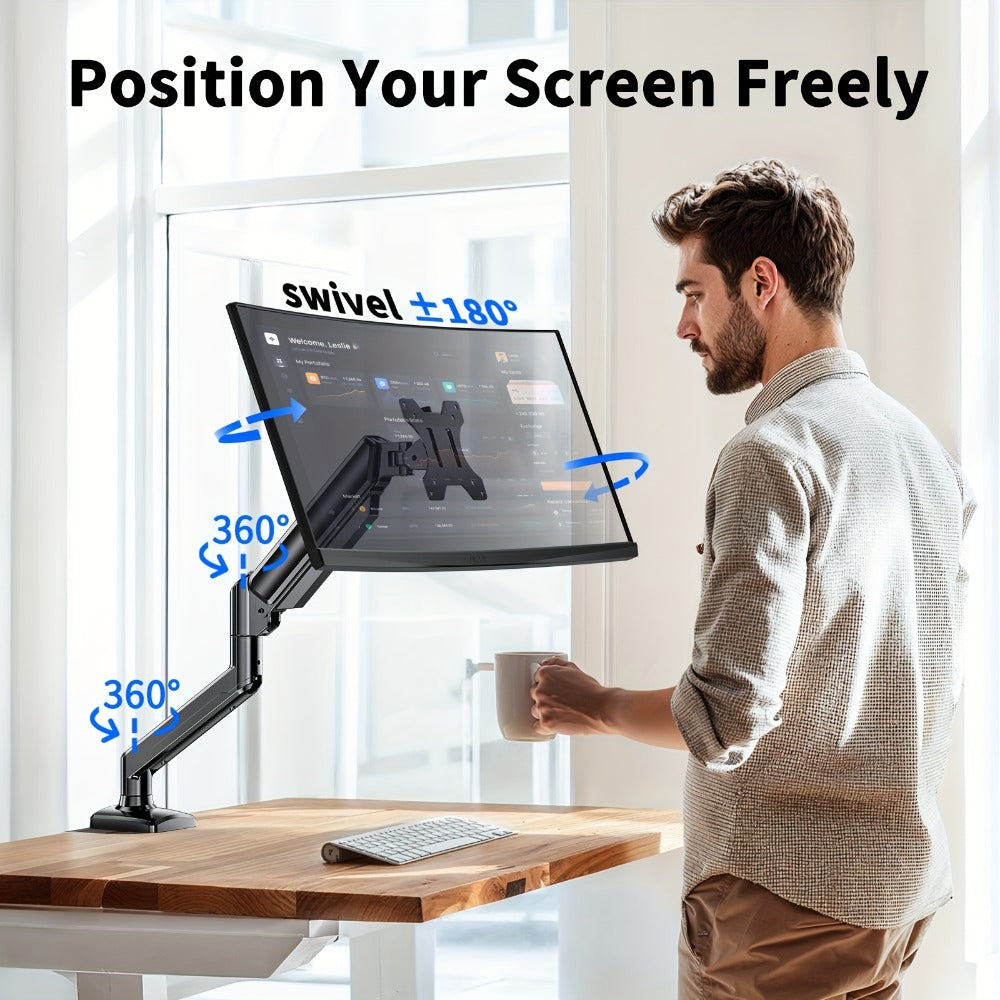 Aluminum Alloy Gas Spring Monitor Arm 19.8 lbs, Full Motion Swivel Tilt Rotate, Ergonomic Desk Mount for 13-32 Inch Screens, C-Clamp & Grommet Base, Space-Saving Home Office Stand