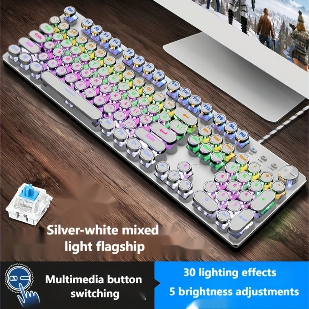 Cyberpunk Retro Typewriter Mechanical Keyboard 104 Keys Full-Size with Multi-Function Knob Backlit Round Keys Ergonomic Spill-Proof USB Wired for Desktop Laptop Windows Mac Gaming Typing
