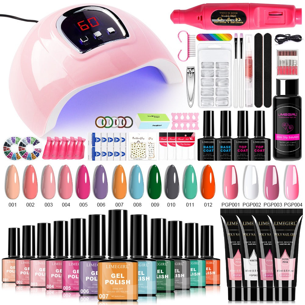 Gel Nail Polish Kit with UV Lamp & Electric Nail Drill - 12 Colors Gel Polish Set, Poly Extension Gel, Top & Base Coat, Glitter Nail Art Complete Starter Set for Home Salon, Beginner Gift