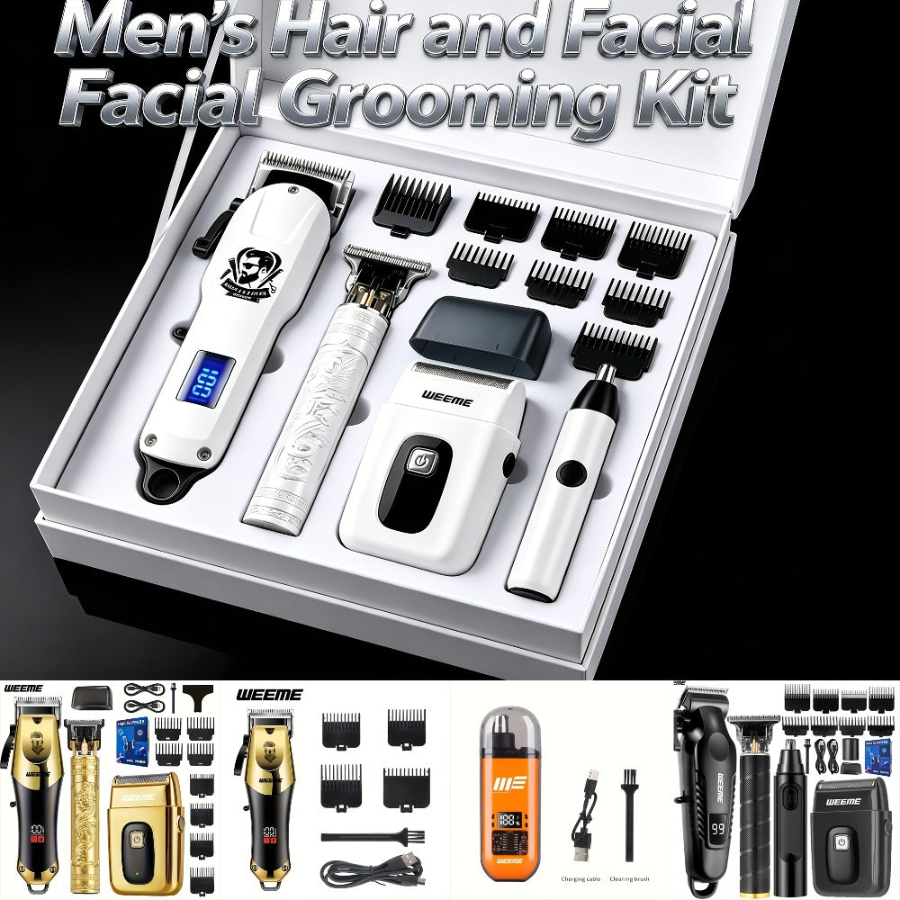 Zinc Alloy Men's Grooming Kit – USB Rechargeable Hair Clipper, Nose Trimmer, Electric Shaver & Detail Trimmer Set, 3500mAh Battery, 1-4 Piece Options, White Black Gold Gift for Men