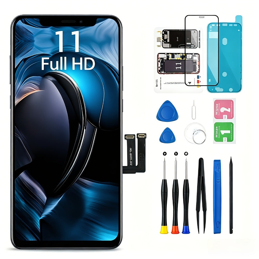 iPhone 11 Screen Replacement Kit LCD Touch Digitizer Assembly 6.1 Inch – DIY Repair Set with Tools Magnetic Screw Mat Tempered Glass Frame Adhesive, Black Display A2111 A2221 A2223 Face ID Compatible