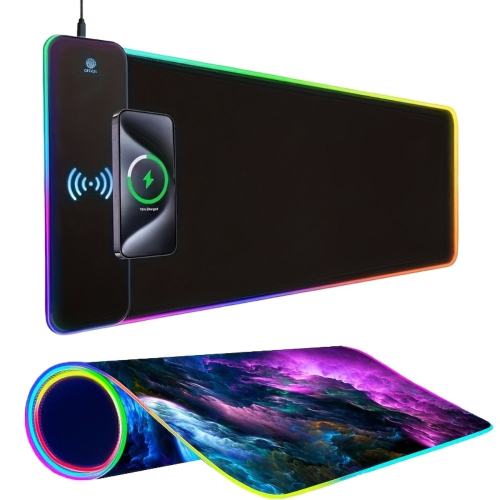 Wireless Charging RGB Mouse Pad Large LED Gaming Desk Mat – Multiple Color Switching, Anti-Slip Wear-Resistant Surface, USB Powered for PC, Keyboard & Gaming Setup | Qi Compatible | 10 Accessories Included
