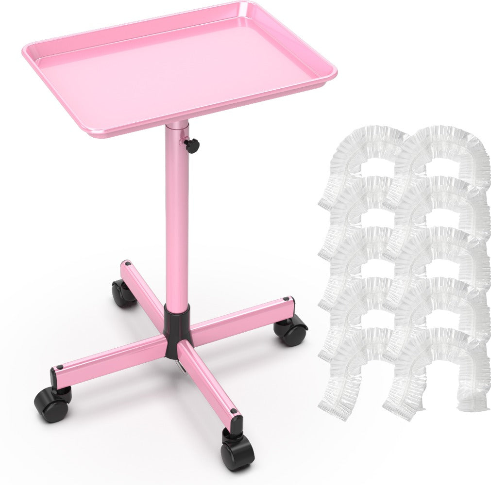 Salon Rolling Trolley Cart Adjustable Height with 10 Disposable Covers Mobile Utility Tray for Spa Tattoo Hairstylist Nail Salon Fits Trays up to 27.5 Inch Gold Pink