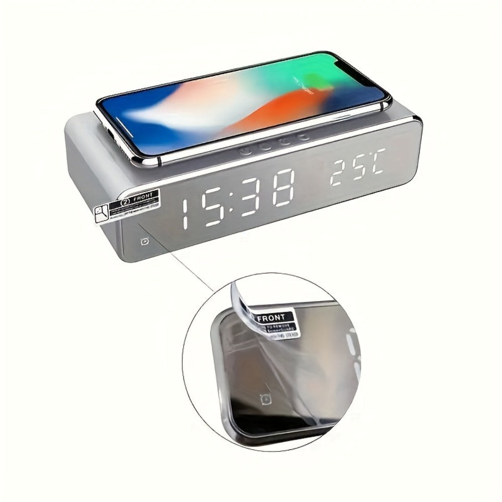 Alarm Clock Wireless Charger with Thermometer 3-in-1 LED Fast Charging Pad for iPhone & Android – 3 Alarms, 12/24H Display, Celsius/Fahrenheit, Power Saving Mode | Bedside Nightstand & Desk Gadget | Black & Silver
