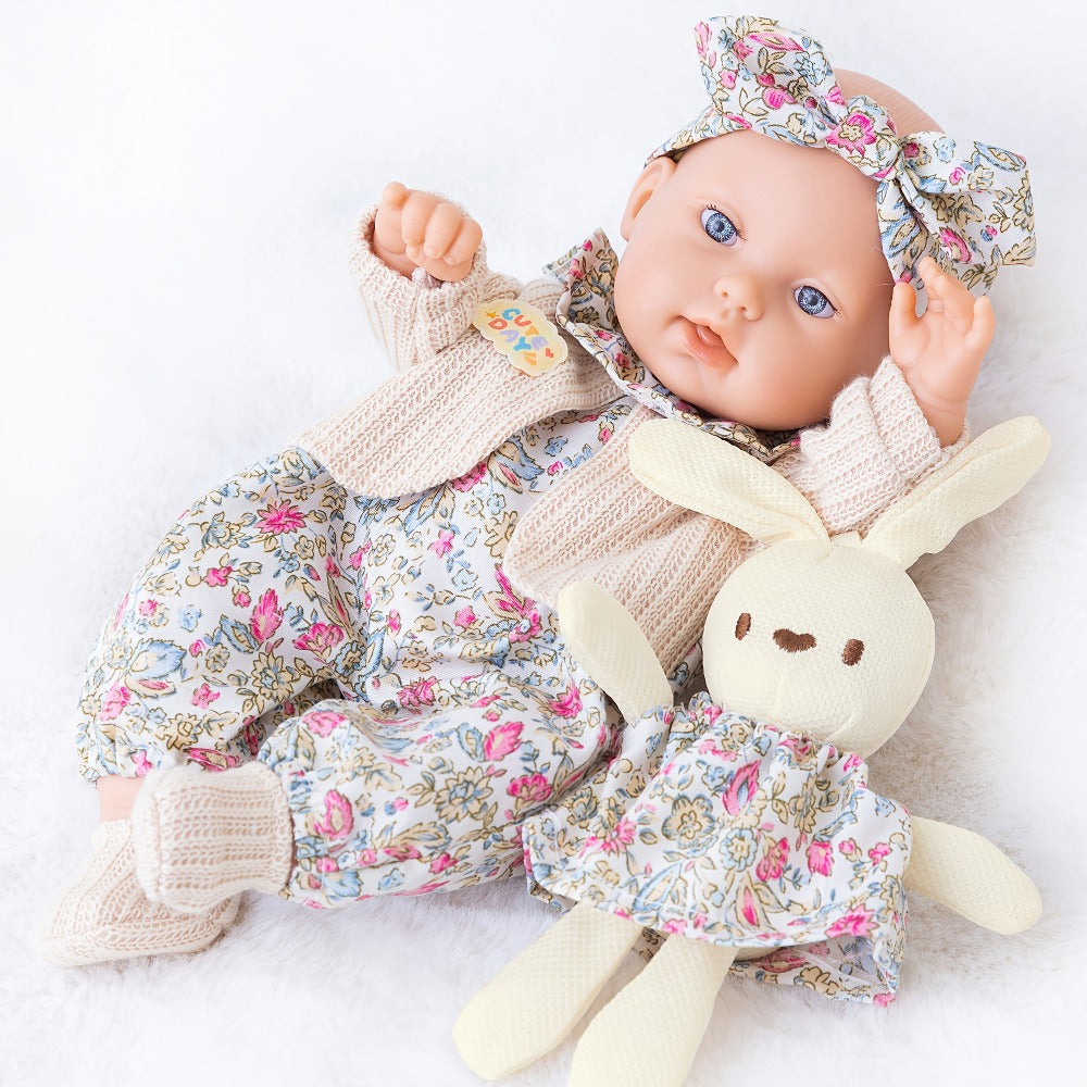 12-Inch Baby Doll with Floral Dress, Rabbit Plush Toy & Dress-Up Accessories