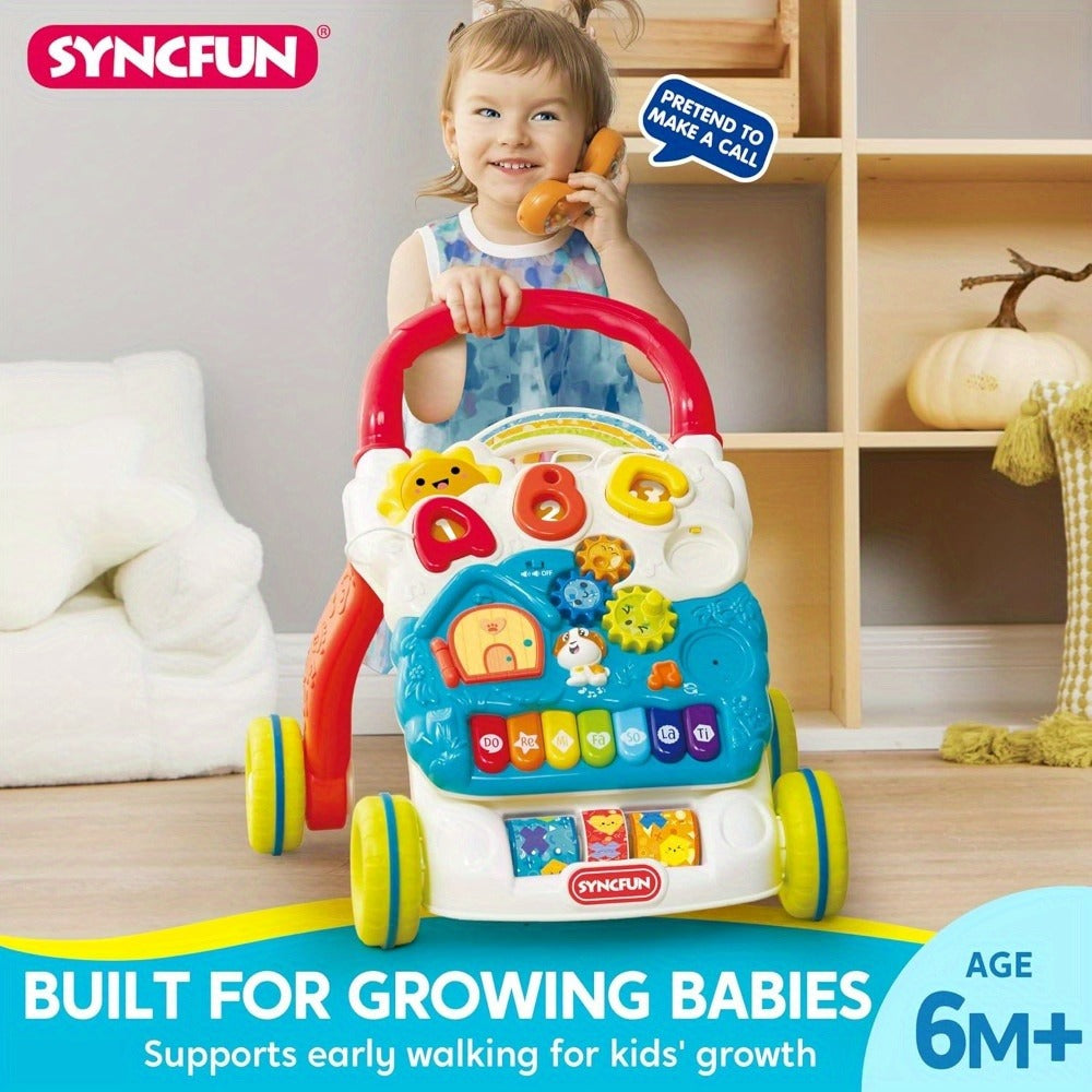 Sit to Stand Baby Push Walker 2-in-1 Adjustable Speed Learning Walker Detachable Play Panel 7-Mode Piano Light-Up Buttons Sound Effects | Infant Walking Toy for Boys Girls | Baby Shower Birthday Gift