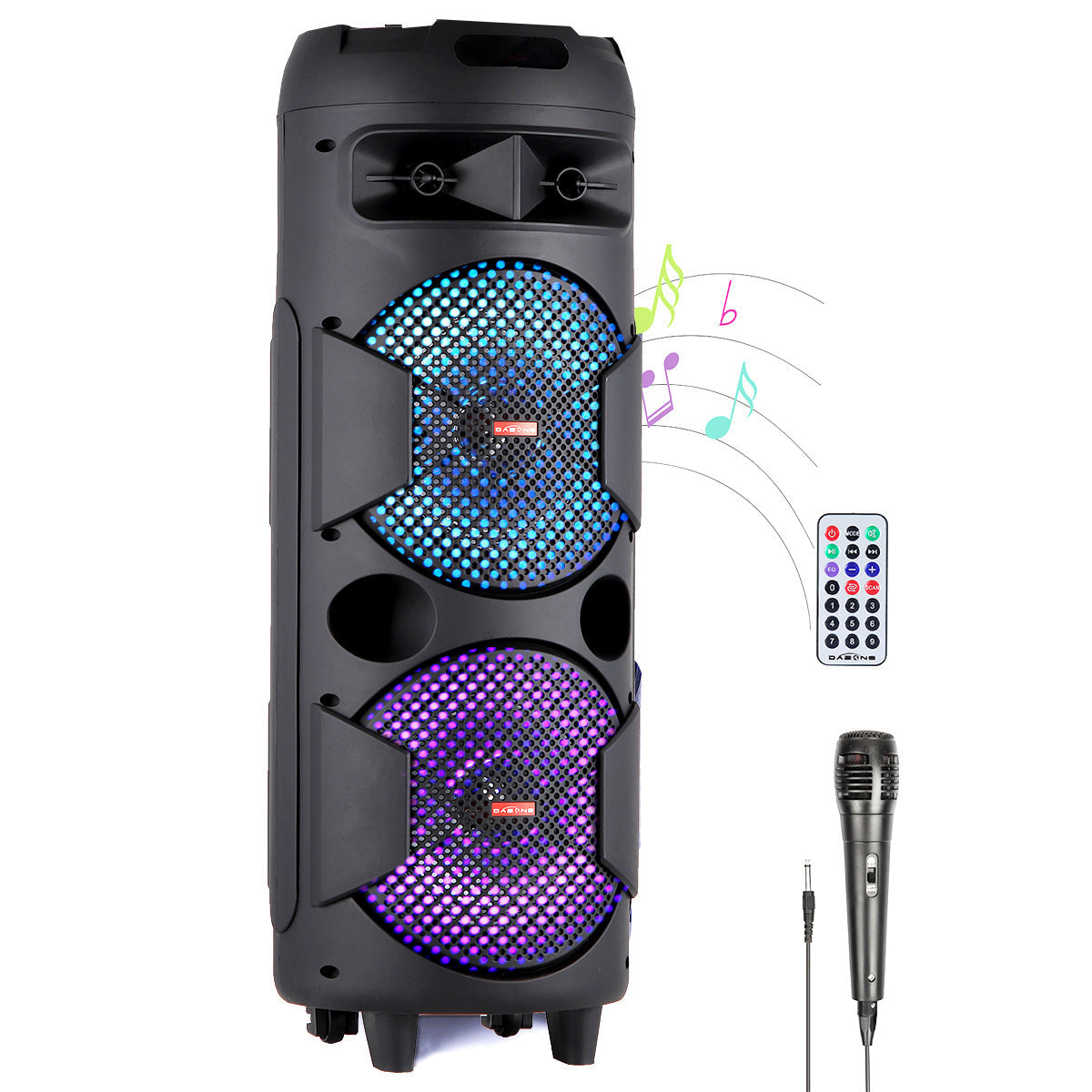 Portable PA Speaker with Dual Woofer & Disco LED Lights - Bluetooth Subwoofer, FM Radio, AUX USB Mic Guitar Input, Wired Microphone & Remote Control, 1800mAh Battery, Indoor Outdoor Party