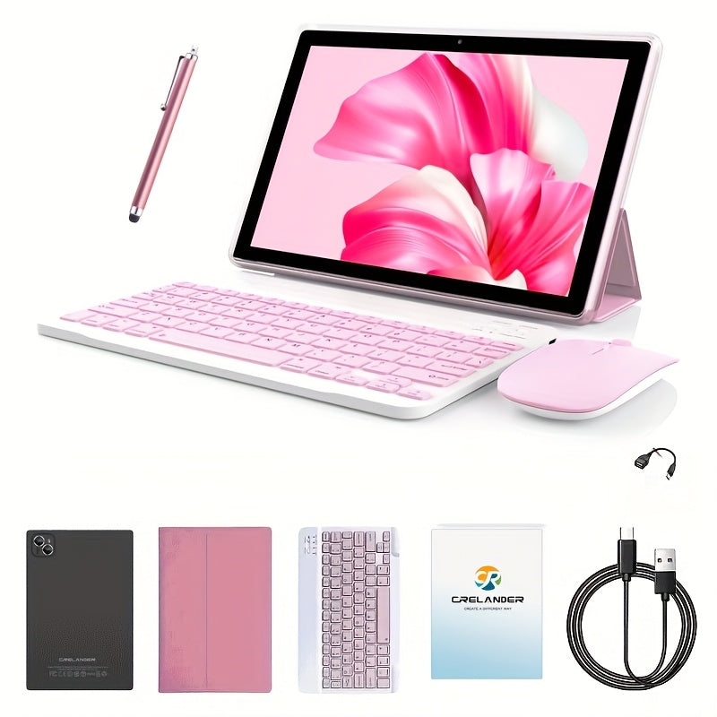 Pink 2-in-1 Android Tablet 10.1 Inch 6GB RAM 128GB ROM 5G WiFi with Keyboard Mouse Case Stylus Pen Dual Camera Type-C Touch Screen Portable Tablet PC Bundle for Work Study Women Teens