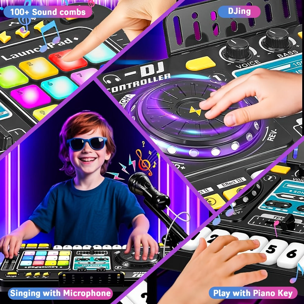 Kids DJ Mixer Toy in Black with LED Lights, Microphone and Piano Keys