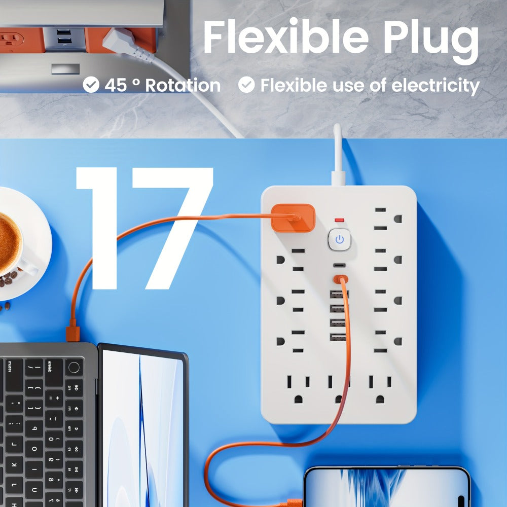 17-in-1 Flat Plug Power Strip with Surge Protector – 11 Spacious AC Outlets & 6 USB Ports (2 USB-C), Overload Protection, Space-Saving Design for Home Office Desk Dorm