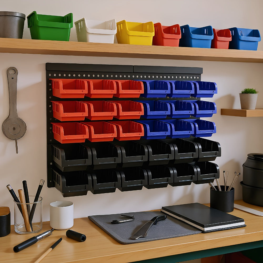 Plastic Parts Storage Bins Wall Mount 30pcs – Heavy Duty Small Hardware Organizer for Screws, Nuts, Bolts & Nails | Multi-Tier Wall Shelf System for Garage, Workshop & Craft Room | Space-Saving Bin Rack