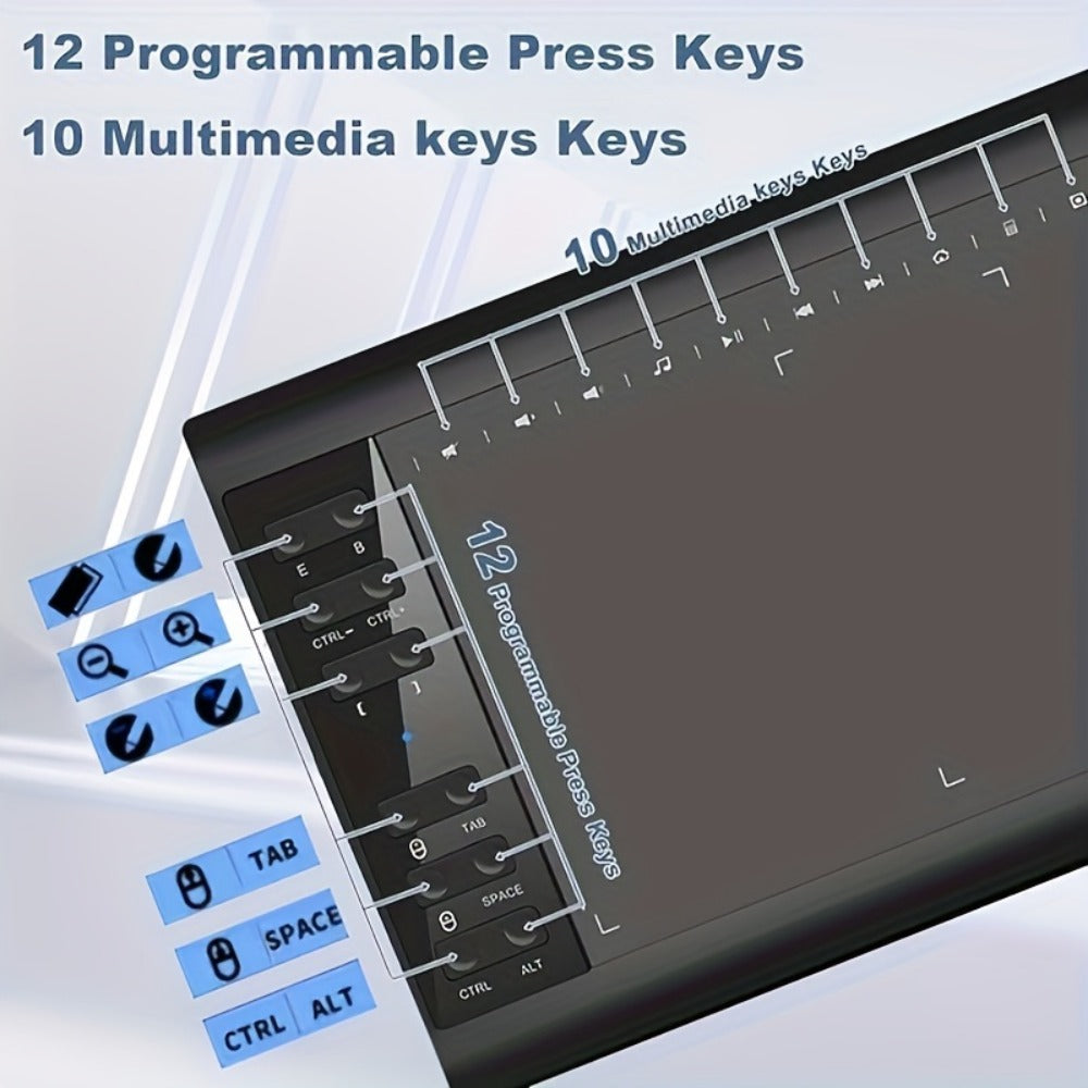 Graphics Drawing Tablet 10x6 Inch, 8192 Levels Pressure Sensitivity Battery-Free Stylus, 12 Programmable Shortcut Keys, 30 Replacement Tips, Tilt Support, Compatible with PC Mac Android – Digital Art, Illustration & Online Teaching
