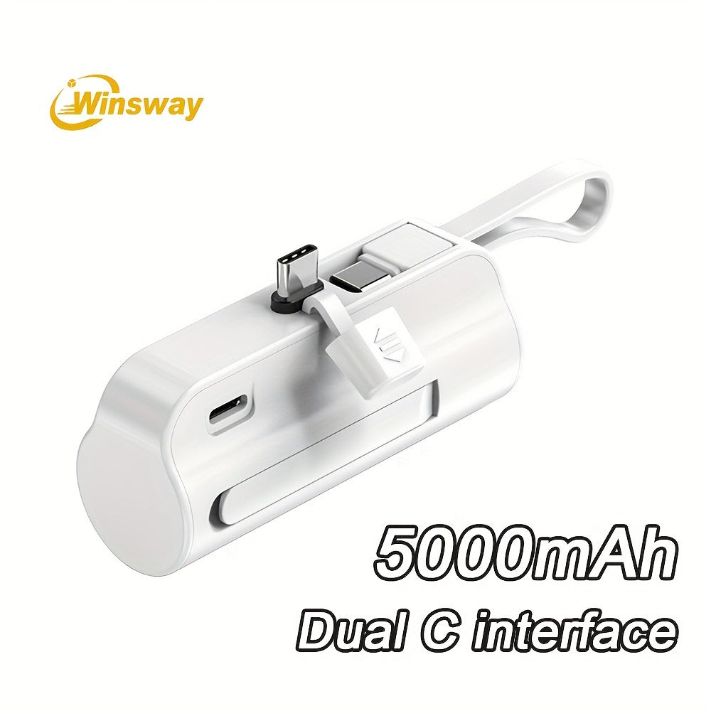 Capsule Mini Power Bank 5000mAh Dual Port Wireless Charging Phone Holder Fast Charge USB-C Cable Charge Two Phones at Once Pocket Portable Charger for Android Samsung iPhone