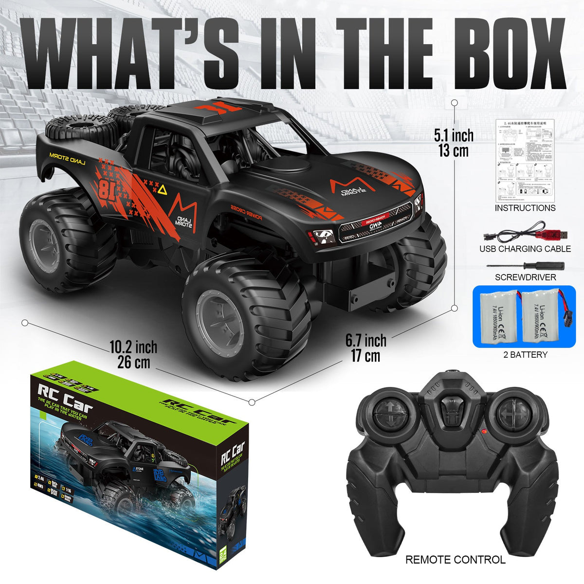 Amphibious RC Car 1:16 Scale 4WD, Waterproof Monster Truck or Pickup, 2 Batteries