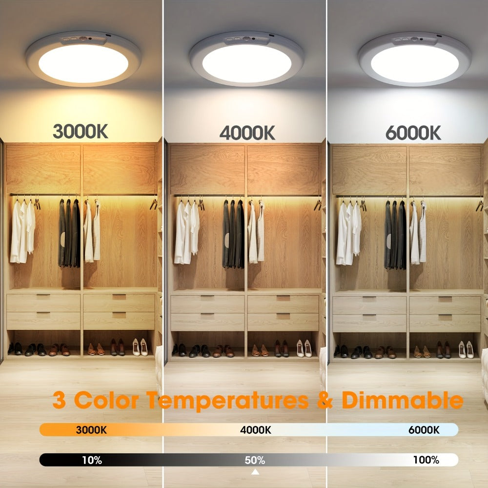 Rechargeable Ceiling Light No Wiring – Battery Operated LED Ceiling Light with Remote Control, Motion Sensor, Dimmable & Timer, Wireless Overhead Light for Bathroom Pantry Hallway Closet Porch Garage