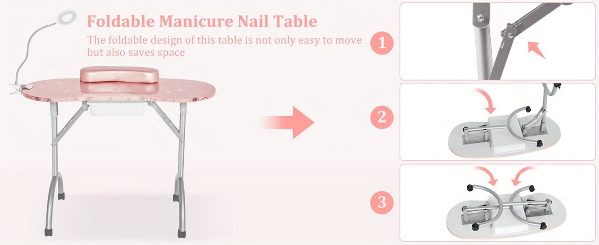 Foldable Nail Table with LED Lamp Drawer Lockable Wheels Wrist Cushion & Carrying Bag – Portable Manicure Station for Nail Salon Technician Home Studio White