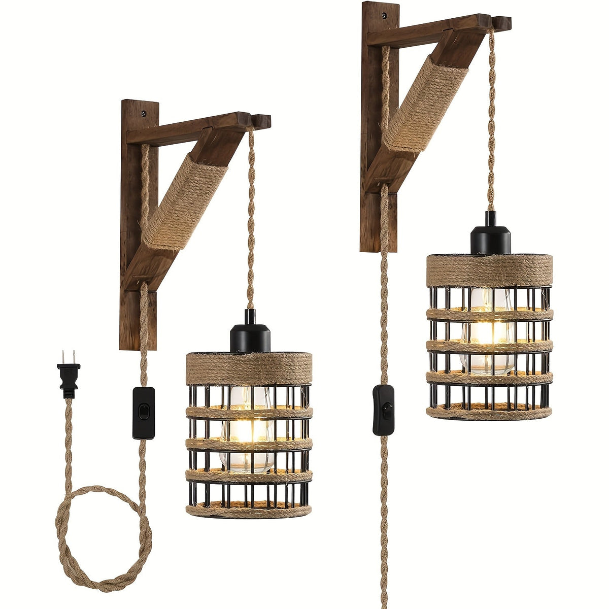 Plug In Wall Sconces Set of 2 or 1 – Rustic Farmhouse Wall Lamp with Metal Cage & Wooden Bracket, Plug-Into-Outlet Hanging Light for Bedroom, Living Room & Headboard