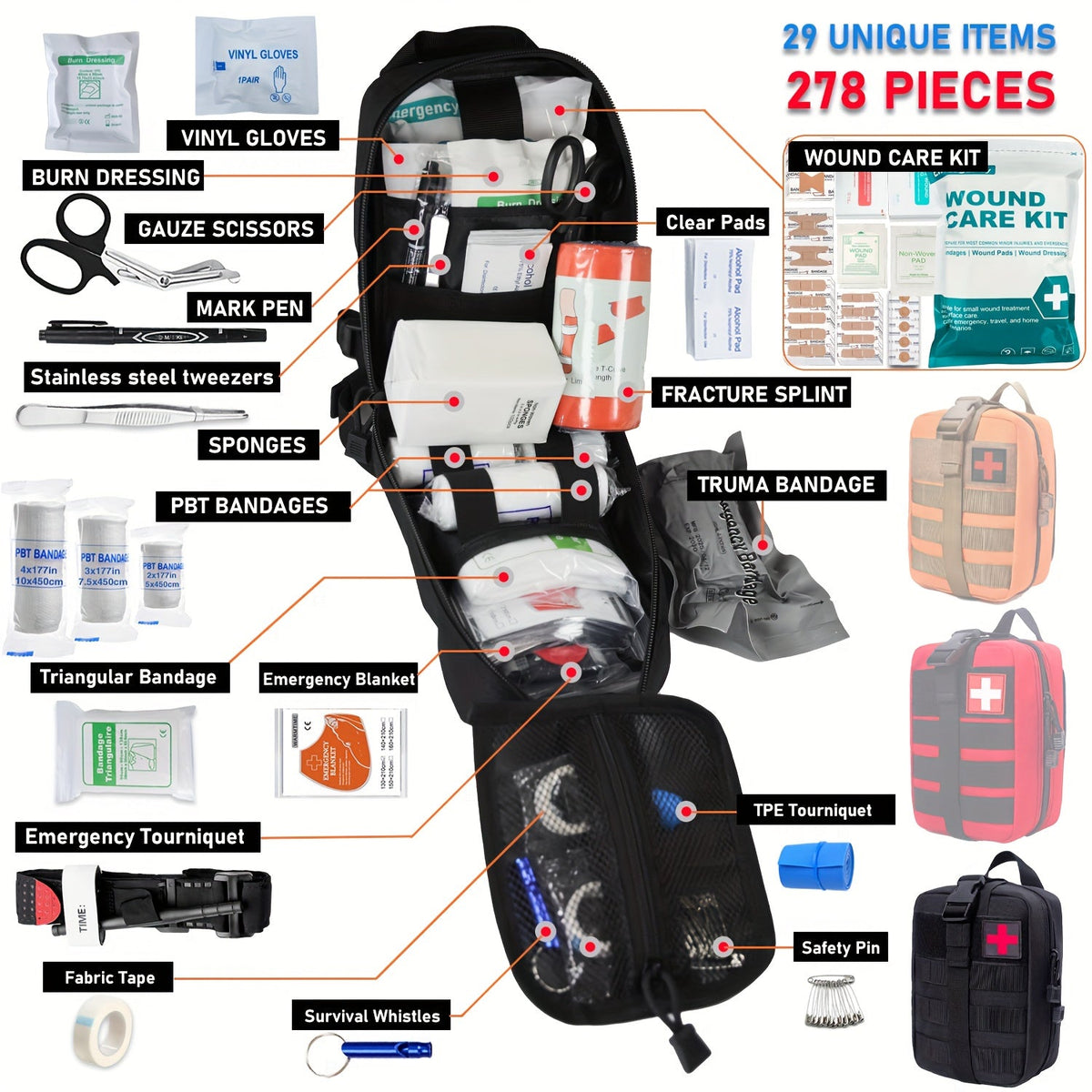 Tactical IFAK Kit 278 Piece Outdoor Emergency First Aid Set Hiking