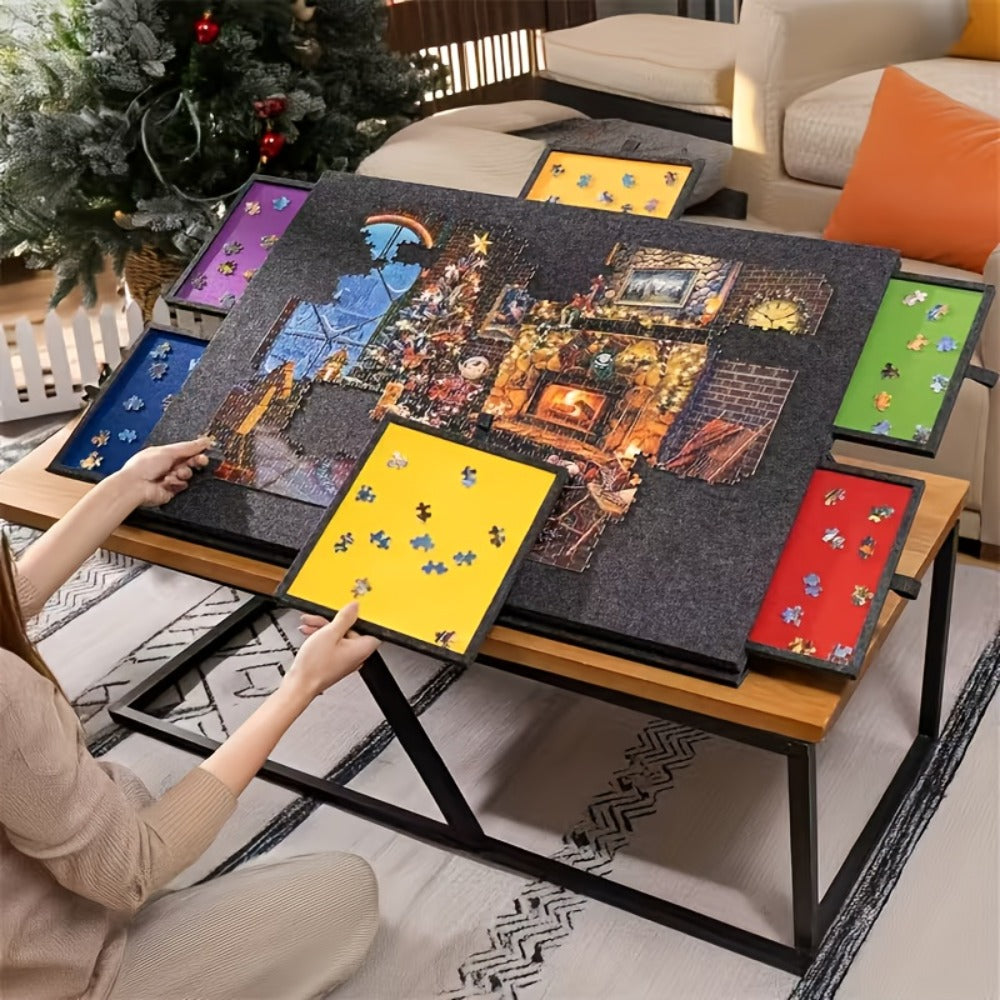 Jigsaw Puzzle Board with 6 Colored Drawers, Dark Gray 1000-Piece Storage Style