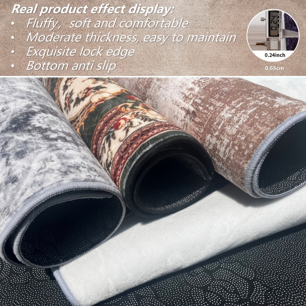 Bohemian Persian Velvet Area Rug Non-Slip Machine Washable – Vintage Floral Paisley Pattern 1000g/m² 100% Polyester Carpet for Living Room & Bedroom – 6 Sizes, High-Traffic Durable