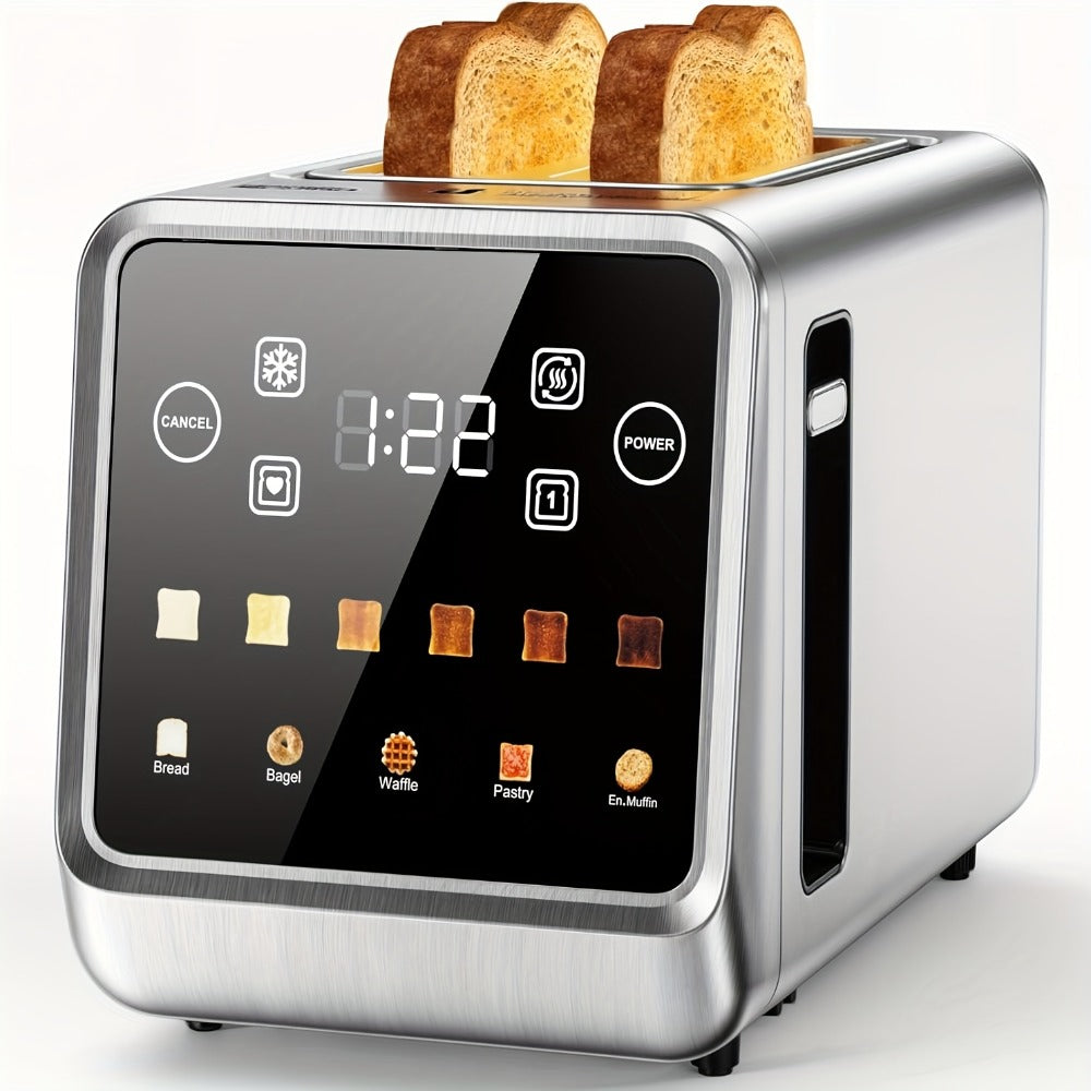 Smart Digital Toaster 2 Slice Touch Screen – Stainless Steel with Memory Function, 5 Bread Types, 6 Shade Settings, 1.5-Inch Wide Slot, 900W Fast Toasting for Home Kitchen