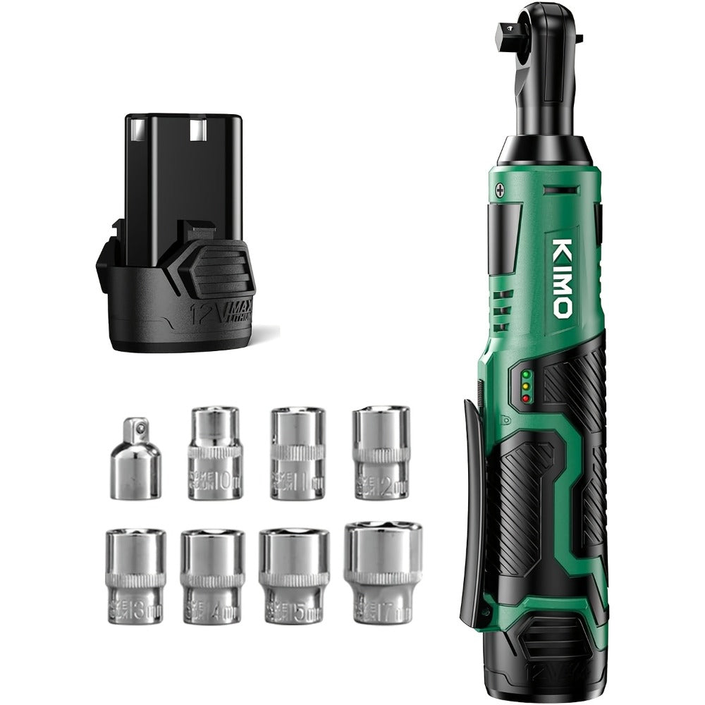 Cordless Ratchet Wrench 3/8 Inch 12V – KIMO 40ft-lb Torque Power Ratchet Set with 2.0Ah Battery, Fast Charger & 8 Sockets