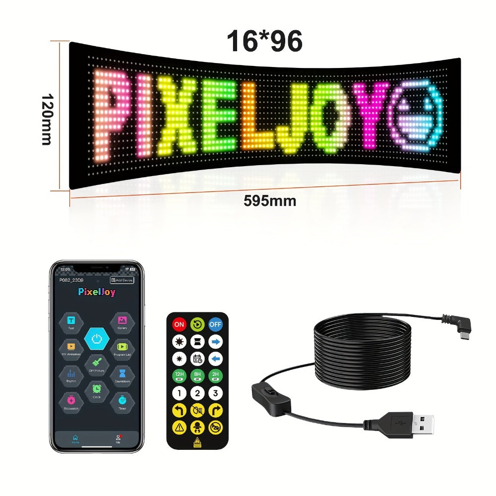 Flexible LED Matrix Screen Display DIY Text Picture & GIF – App & Remote Control, 5V USB Powered | 16x32 to 16x144 | Car, Store, Bike, Event & Holiday Signage