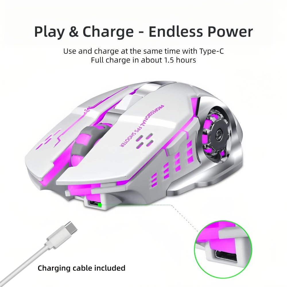 Bluetooth 5.0 2.4G Dual Mode Wireless RGB Gaming Mouse Silent 6 Button Ergonomic USB-C Rechargeable Breathing Light for PC Laptop Mac Tablet Office Gaming Tech Black Star Black White Gray